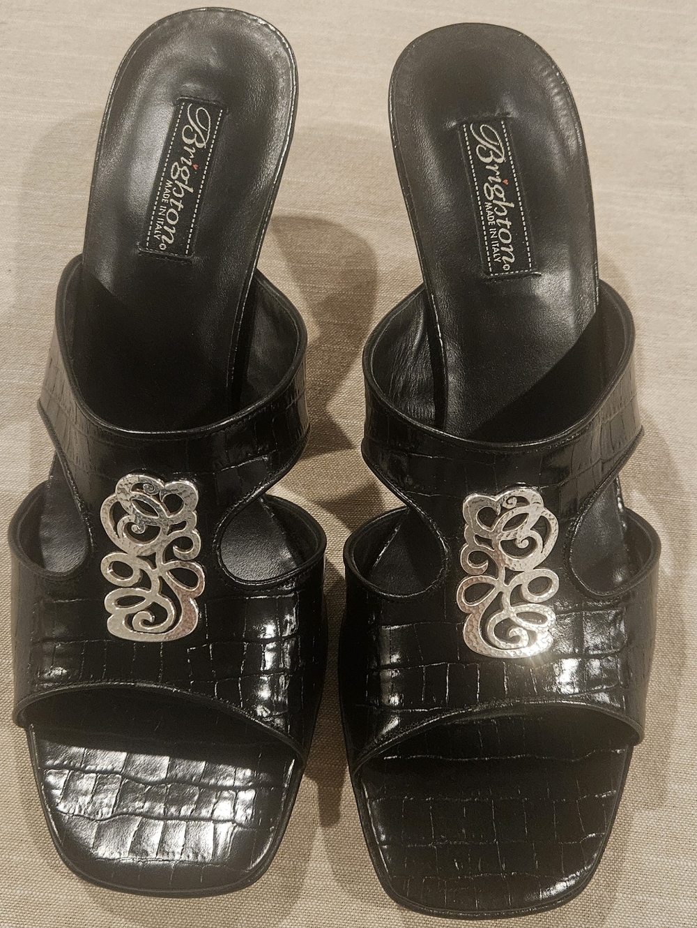 Brighton Black Croc-Embossed Slide Sandals with Silver Hardware Size 11N